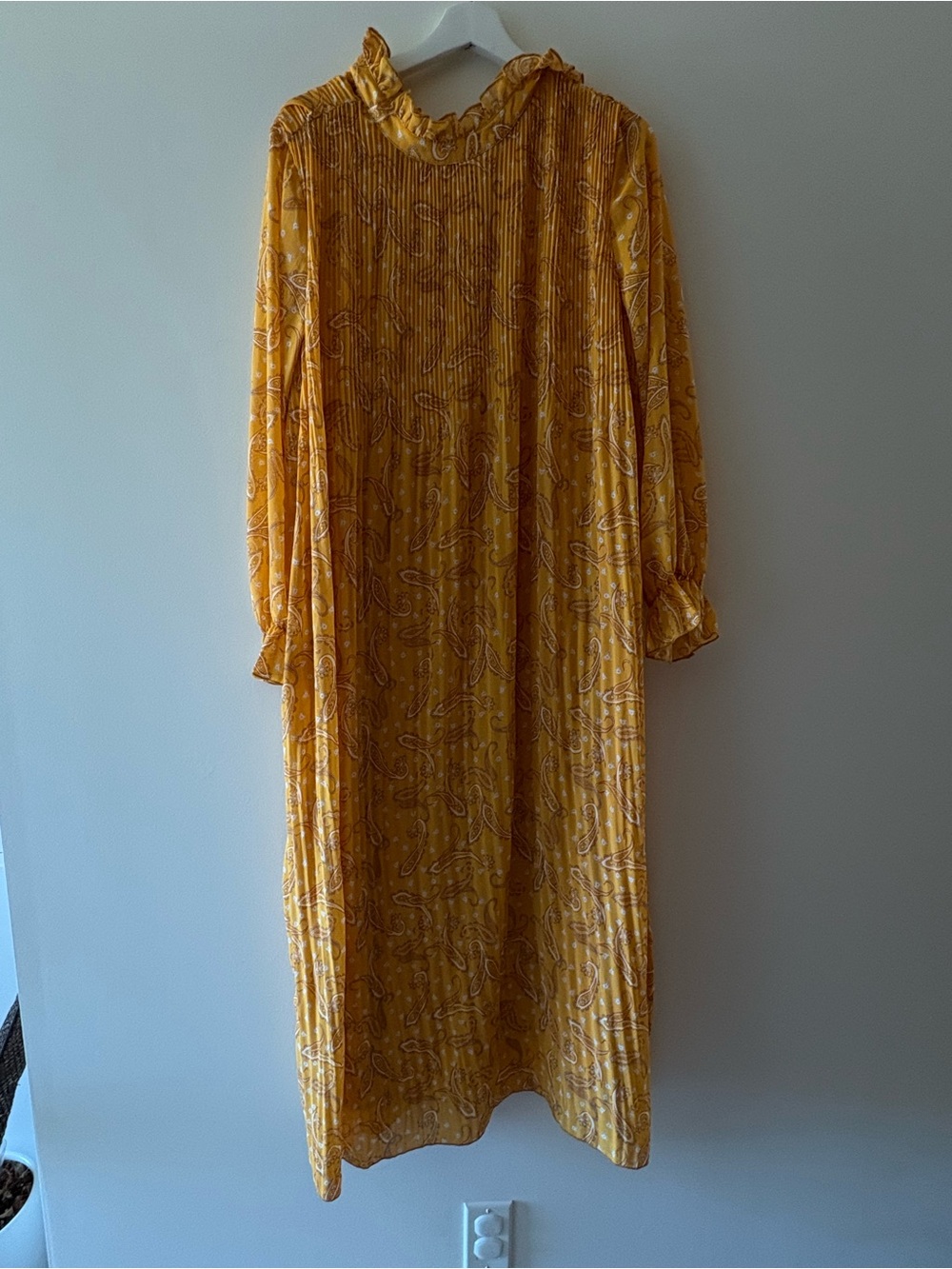 Mango Mustard Yellow Paisley Ruffle-Neck Maxi Dress